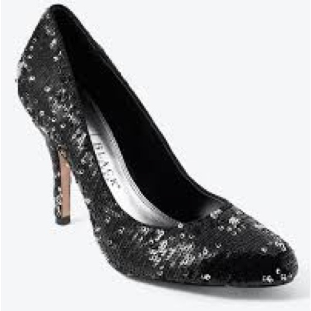 White House Black Market Athena Metallic Sequin Black Shoes, Size 7